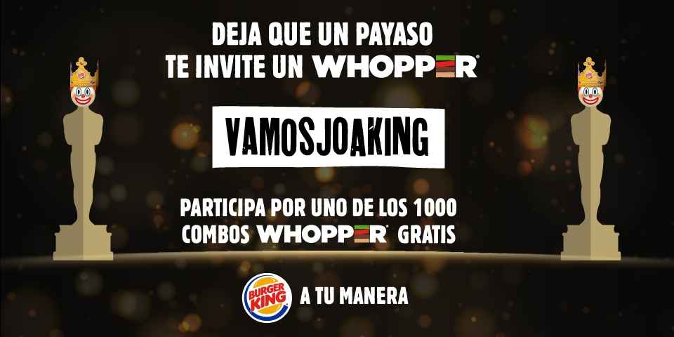 Portada de Burger King Chile junto a Uber Eats invitan a sus fans a celebrar la nominación de un payaso a los Oscars con Whoppers gratis